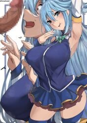 1boy 1girls absurdres aqua_(konosuba) arm_up armpits blue_eyes blue_hair blue_shirt blue_skirt bow breasts censored detached_sleeves english_commentary female gem green_bow highres imminent_fellatio kono_subarashii_sekai_ni_shukufuku_wo! large_breasts long_hair male mosaic_censoring multiple_views paid_reward_available penis penis_awe shirt skirt sleeveless sleeveless_shirt smug straight teeth thighhighs tomodachi_(tomofanart) twitter_username upper_teeth_only white_background white_sleeves white_thighhighs