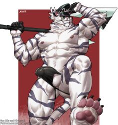 abs amon-sydonai anthro balls biceps claws dislyte genitals hi_res humanoid jin_qiu male muscular muscular_humanoid muscular_male nipples pawpads pecs penis smile solo striped_body stripes vein veiny_penis