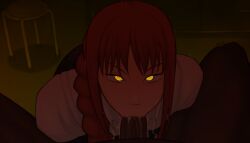 blowjob blowjob_pov chainsaw_man coli cum cum_in_mouth dark-skinned_male dark_skin demon_girl eye_contact fellatio fellatio_pov glow_in_the_dark glowing_eyes horror interracial makima_(chainsaw_man) pov pov_blowjob pov_eye_contact pov_male red_hair spiral_eyes spooky unusual_pupils yellow_eyes