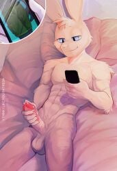 bed blue_eyes buldge bulge cellphone furniture gay i_think_i_like_you i_think_i_like_you_(artist) leon_(i_think_i_like_you) male masturbating masturbation muscular muscular_male quality rabbit sky_(i_think_i_like_you) solo wolf