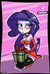 1girls 2017 artist_logo blush boots choker christmas commission digital_media_(artwork) equestria_girls female gift gift_box hair_ornament hasbro knee_boots latex latex_thighhighs medium_breasts my_little_pony purple_hair rarity_(eg) rarity_(mlp) santa_costume white_skin