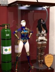 3d black_hair blue_leotard bound bound_arms bound_legs brazilian brazilian_female dc dc_comics justice_league leotard mannequin thejpeger trophy_case wonder_woman_(series) yara_flor