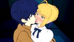 3d artoria_pendragon artoria_pendragon_(fate) blonde_hair cuckold fate/stay_night fate_(series) french_kiss green_eyes kissing koikatsu lordem matou_shinji netorare saber saliva_trail