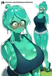 ai_generated blue_skin breasts cleavage cute ex-ragnarokknight female glasses green_skin large_breasts monster_girl shorts slime_girl wide_eyed