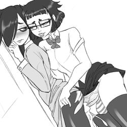 1futa 1girls against_wall balls balls_in_panties big_balls big_penis black_hair blush breasts clothed clothing crossover cum cum_inside duo emotionless erection female futa_on_female futanari glasses hair_over_one_eye human kuroki_tomoko long_hair monochrome mostly_clothed nightpickle oshiete!_galko-chan otako_(galko) panties penis school_uniform sex short_hair standing thighhighs torn_clothes torn_pantyhose watashi_ga_motenai_no_wa_dou_kangaetemo_omaera_ga_warui!