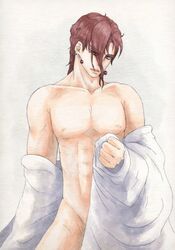 1boy abs covering_crotch green_eyes jojo's_bizarre_adventure looking_away male_focus male_nipples male_only muscular muscular_male naked nipples noriaki_kakyoin red_hair solo stardust_crusaders undressing watercolor