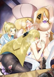 4girls alternate_breast_size anal_beads anal_insertion armpits arms_up ass bad_censor big_ass big_breasts blonde_hair blush breasts caitlin_(pokemon) censored closed_eyes covered_nipples covering cynthia_(pokemon) dildo dildo_in_ass dildo_sitting female hair_ornament heavy_breathing huge_breasts large_breasts lillie_(pokemon) lusamine_(pokemon) masturbation mature_female milf mosaic_censoring mother_and_daughter multiple_girls nintendo object_insertion pantyhose pokemon pokemon_bw pokemon_dppt pokemon_sm pubic_hair sex_toy sucking sucking_nipples thick_thighs thighs unipiano uniunipiano vibrator younger_female yuri