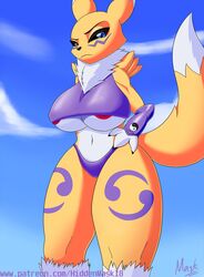 anthro bandai_namco clothing digimon digimon_(species) female fur hi_res hiddenmask18 raised_tail renamon solo thick_thighs tuft wardrobe_malfunction yellow_body yellow_fur