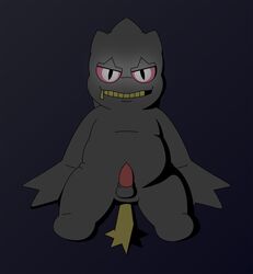 anonymouslizard balls banette belly chubby_cheeks chubby_male dark dark_body genitals ghost glowing glowing_eyes humanoid male male_only nintendo not_furry penis pokémon_(species) pokemon sitting slightly_chubby smile solo spirit tapering_penis video_games zipper zipper_mouth zipper_pull_tab