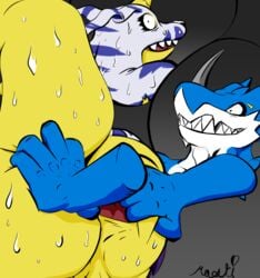 age_difference anthro anus aski_(author)bandai_namco bodily_fluids digimon digimon_(species) duo exveemon gabumon goatse hi_res male male/male spread_anus spreading sweat