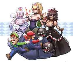 3girls boo_(mario) boosette bowsette breasts chain_chomp chompette clockweiz dress happy in_love luigi mario mario_(series) new_super_mario_bros._u_deluxe scared super_mario_bros.