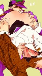 2boys black_hair blush bottomless_male depressed_dilf diamond_is_unbreakable dilf eating_ass fellatio green_eyes jojo's_bizarre_adventure jotaro_kujo male/male male_only male_penetrated muscular muscular_male older_male open_pants oral penis_lick rimming rimming_male selfcest stone_ocean younger_male yu_kakari