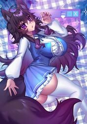 big_breasts cosplay crawling_dreams curvy dark_hair dress huge_breasts indie_virtual_youtuber long_hair looking_at_viewer looking_back lumi_(merryweather) nyarla_(crawling_dreams) osiimi pale-skinned_female pale_skin purple_eyes thick_thighs thighhighs virtual_youtuber wolf_ears wolf_tail