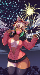 1girls big_breasts blonde_hair blush breasts bubble_gum cameltoe dark-skinned_female dark_skin female fireworks frenxir genshin_impact gyaru heart-shaped_pupils hoodie looking_at_viewer night no_bra orange_eyes panties tanline thick_thighs thighhighs underwear yoimiya_(genshin_impact)