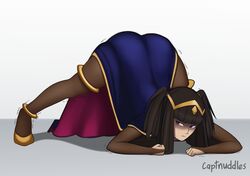 1girls ass ass_up bangs black_hair bodystocking captnuddles face_down_ass_up fire_emblem fire_emblem_awakening full_bodystocking jack-o_pose long_hair nintendo purple_eyes solo spread_legs tharja_(fire_emblem) trembling