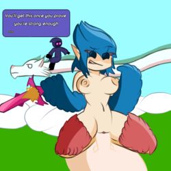 blue_hair blue_wings breasts clouds cowgirl_position feathers floating_island harpy harpy_(terraria) hooded_cloak indifferent monster_girl nipples on_top pale_skin pointy_ears red_feathers simple_background simple_shading sky star_fury surprised sword terraria text vaginal_penetration wings wyvern wyvern_(terraria) zazimations