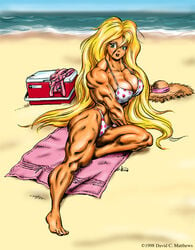 beach bikini blonde_hair cooler dcmatthews female green_eyes hat huge_breasts large_breasts long_hair muscles muscular muscular_arms muscular_female muscular_legs tetsuko towel