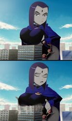 1girls big_breasts breast_hold breasts building dc dc_comics favorite female female_only giantess huge_breasts rachel_roth raven_(dc) ravenravenraven solo solo_female tagme teen_titans thick_thighs