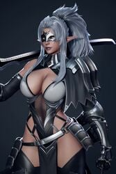 1girls 2:3 3d animated armor back big_breasts breasts cleavage dark-skinned_female dark_elf dark_elf_blader dark_skin elf elf_ears fantasy female female_only hi_res katana large_ass large_breasts no_sound original_character pointy_ears ponytail revealing_clothes ryanreos shorter_than_30_seconds skimpy sword tagme vertical_video video weapon white_hair yellow_eyes