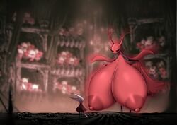 2girls ant areolae breast_expansion breasts carmelita duo female female_only gigantic_breasts hollow_knight hornet_(hollow_knight) huge_breasts humanoid hyper hyper_breasts insect large_breasts metachoke puffy_nipples queen_carmelita red_skin silksong standing zote