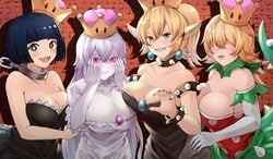 4girls aqua_eyes bangs bare_shoulders black_dress black_nails blonde_hair blue_hair blunt_bangs blush bob_cut boosette bowsette bracelet breast_press breasts brick_wall brooch chain chain_chomp chains choker chompette cleavage collar collarbone covering_face crown dress earrings elbow_gloves fangs fangs_out frilled_choker frilled_dress frills gloves green_skirt haido_(ryuuno_kanzume) hair_between_eyes hair_over_eyes hands_on_own_cheeks hands_on_own_face horns jewelry large_breasts light light_purple_hair long_hair looking_at_viewer mario_(series) multiple_girls nail_polish new_super_mario_bros._u_deluxe open_mouth pale_skin piranette piranha_plant polka_dot polka_dot_dress puffy_short_sleeves puffy_sleeves purple_eyes shadow sharp_teeth shiny shiny_clothes shiny_hair shiny_skin short_hair short_sleeves shy sidelocks skirt smile spiked_bracelet spiked_collar spiked_tail spikes strapless strapless_dress super_crown tail teeth thick_eyebrows upper_body very_long_hair waist_cape white_choker white_gloves