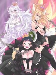 3girls black_dress black_eyes black_hair blonde_hair blue_eyes boosette bowsette breasts chain chain_chomp chains choker chompette cleavage cuffs dress earrings gloves jewelry large_breasts looking_at_viewer mario_(series) multiple_girls necklace new_super_mario_bros._u_deluxe pointy_ears purple_eyes shackles sharp_teeth shroomsie super_crown tagme tears teeth white_dress white_gloves white_hair