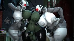 3d 3futas armor balls big_balls big_breasts big_penis bodysuit breasts clothed clothing cock_ring combine combine_assassin damndirtydog erection fingering fingering_pussy fully_clothed futa_on_futa futa_only futanari gray_nipples green_skin grey_nipples gun half-life half-life_2 hand_on_penis handjob hev_suit nipples penis pinching_nipples pistol pussy standing thick_thighs wide_hips