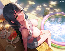 alcohol arms_at_sides bangs bare_arms bare_legs bare_shoulders black_hair blue_shorts blush breasts breasts_out camisole collarbone cup day drinking_glass dutch_angle eyebrows_visible_through_hair eyelashes female food from_above fruit glint hair_between_eyes highres ice ice_cube incense kayari_buta large_breasts long_hair looking_at_viewer mosquito_coil nipples non-web_source ogre_(illustogre) original outdoors perky_breasts short_shorts shorts sidelocks sitting smile solo spaghetti_strap summer sweat veranda very_long_hair wading_pool watermelon whiskey white_camisole yellow_eyes