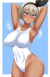 1girls alternate_breast_size armpits arms_up bea_(pokemon) big_breasts blue_eyes blush breasts cowboy_shot dark_skin eye_contact female hair_ribbon large_breasts looking_at_viewer murasame_(pixiv_38411450) nintendo nipple_bulge one-piece_swimsuit pokemon pokemon_ss short_hair solo solo_female standing steaming_body sweaty_armpits swimsuit thick_thighs thighs wide_hips