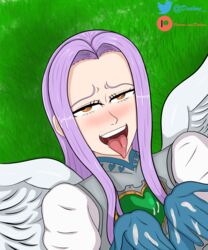 ahe_gao angel angel_wings bukkake cum_on_armor cum_on_hands dealore eyes_rolling_back kneeling margaret_liones nanatsu_no_taizai purple_hair seven_deadly_sins the_seven_deadly_sins tongue_out