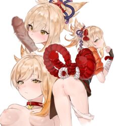 1boy anus ass bandages bent_over blonde_hair blush breasts censored choker female fingerless_gloves genshin_impact gloves hair_ornament japanese_clothes kimono medium_breasts mosaic_censoring nipples orange_kimono penis penis_on_face simple_background solo_focus straight suumao sweatdrop tied_hair white_background yellow_eyes yoimiya_(genshin_impact)