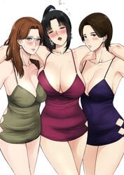 3girls armpit_crease armpits belly_folds big_breasts black_hair blush blushing breast_press breasts brown_hair cleavage collarbone dress drunk earrings female female_only glasses large_breasts looking_at_viewer mature mature_female milf multiple_girls my_mother_the_animation nush_(xter) original original_characters partially_clothed sweat sweatdrops sweating white_background xter xtermination