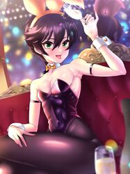 1boy alcohol black_hair bunny_ears bunnysuit crossdressing femboy feminine_male green_eyes jojo's_bizarre_adventure male_only narancia_ghirga pantyhose seta_makoto shiny short_hair tongue_out trap vento_aureo wine_glass