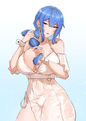 1girls 2021 alternate_version_available bikini bikini_bottom bikini_top blue_hair blush breasts chopark cleavage covered_navel covered_nipples covered_pussy dp-12_(girls'_frontline) dress female female_focus female_only girls'_frontline gradient_background holding_hair large_breasts looking_at_viewer open_mouth see-through see-through_dress shiny_skin simple_background solo wet wet_dress wet_hair white_bikini white_bikini_bottom white_bikini_top white_dress white_wrist_cuffs wrist_cuffs