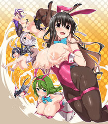 6+girls ahoge alternate_costume animal_ears bangs black_hair black_legwear blue_eyes blue_neckwear bow bowtie breasts breasts_out brown_hair deep_skin detached_collar fake_animal_ears green_hair hagikaze_(kantai_collection) hair_ornament hair_over_one_eye hairclip hamakaze_(kantai_collection) hayashimo_(kantai_collection) high_heels highleg highleg_leotard highres huge_breasts inverted_nipples kantai_collection lactation large_breasts leotard long_hair multicolored_hair multiple_girls naganami_(kantai_collection) nipples oerba_yun_fang open_mouth pantyhose pink_hair playboy_bunny polka_dot polka_dot_background purple_hair rabbit_tail silver_hair skindentation smile strapless strapless_leotard tail two-tone_hair upside-down ushio_(kantai_collection) wrist_cuffs yellow_eyes yellow_neckwear yoshi_tama yuugumo_(kantai_collection)