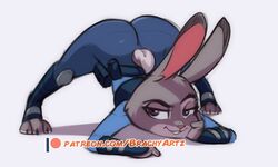 anthro ass ass_up big_butt big_ears brachyzoid clothed clothing disney female fur furry furry_only grey_body jack-o_pose jackochallenge judy_hopps lagomorph large_ass leporid looking_at_viewer mammal police_uniform purple_eyes rabbit shortstack simple_background solo tail tight_clothing top-down_bottom-up uniform white_background zootopia