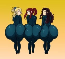 3girls ass ass_to_ass big_ass blonde_hair bodysuit brown_hair bubble_butt cana_alberona erza_scarlet fairy_tail female_only gigantic_ass huge_ass jiggle_butt_gang lolotron6 looking_at_viewer lucy_heartfilia red_hair skintight smile spandex