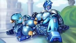 2girls armor big_breasts bionicle blue_body blue_skin blush breasts breasts_out epsi110 exposed_breasts exposed_pussy female female/female female_only gali gali_(nuva) gali_nuva glowing glowing_eyes holding_hands lactating lactation lego mask nipples nokama on_ground orange_eyes orange_nipples orgasm pussy pussy_juice robot robot_girl scissoring squirting tribadism vagina yuri