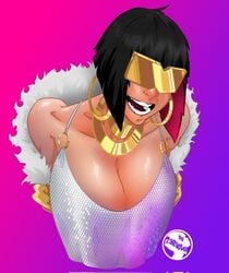 1girls big_breasts black_hair clothed female female_focus female_only fur_coat gold_(metal) gold_necklace golden_earrings lucy_de_rosa_(zarietu) red_hair smiling_at_viewer upper_body zarietu