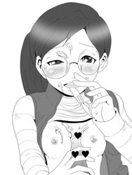 black_and_white blush boobjob breasts cock cum cum_on_body cum_on_breasts cum_on_fingers cum_on_glasses cum_on_hand cum_on_upper_body dick female glasses gyakuten_saiban handjob heart_censor ineffective_censorship male mostly_clothed nipples paizuri penis penny_nichols shirt_lift shishi_maro titjob