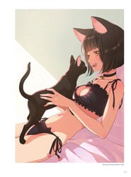 animal_ears animal_lingerie bra cat_keyhole_bra cat_lingerie cleavage_cutout clothing_cutout feline female high_resolution illustration_making&visual_book_morikura_en keyhole_bra lingerie lying morikura_en nekomimi on_back pantsu solo string_panties tagme underwear