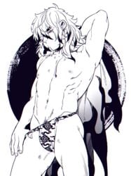 bite_mark cape demon_slayer fundoshi hickey_marks kimetsu_no_yaiba kyu_717 line_art male male_only messy_hair monochrome muscular muscular_male pubic_hair_peek rengoku_kyoujurou solo underwear_only