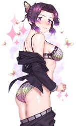 angry big_breasts blush bra butterfly_hair_ornament demon_slayer embarrassed female kimetsu_no_yaiba kochou_shinobu looking_at_viewer looking_back panties pants_down purple_eyes purple_hair solo underwear undressing yakimi_27