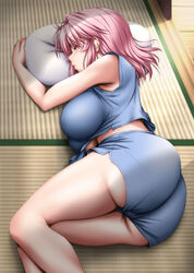 1girls ass big_ass big_breasts big_butt blush breasts carpet closed_eyes ear female female_focus female_only floor huge_ass huge_breasts legs nap napping nori_tamago pillow pink_hair short_hair short_shirt short_shorts short_sleeves shorts sleep sleeping touhou underboob underwear wood_floor yuyuko_saigyouji