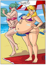 2girls alia ass axel-rosered beach big_belly bikini bloated blonde_hair blue_eyes blush burping cleavage clothing comic comic_page dialogue fat_ass female female_only gassy green_hair long_hair marino mega_man mega_man_x navel overweight text thick_thighs