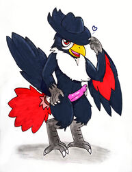 absurd_res anthro avian bird black_body bodily_fluids clothing corvid dripping erection feather_tuft feathers genital_fluids genitals glury_the_unown hat headgear headwear hi_res honchkrow internal_balls male male_focus male_only male_solo multicolored_body multicolored_feathers nintendo nude oscine passerine penis pink_penis pokémon_(species) pokémorph pokemon precum precum_drip solo solo_male tuft victor_(honchkrow) video_games white_background wings