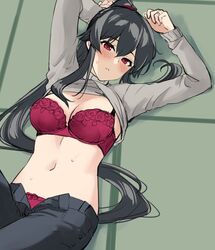 alternative_costume black_hair black_pants blush bra breasts cleavage clothes_pull clothing female female grey_sweater ichinomiya_(blantte) kantai_collection long_hair lying medium_breasts open_fly pants pantsu ponytail red_bra red_eyes red_panties red_underwear scrunchie sidelocks solo sweater sweater_lift tagme tatami tied_hair underwear undressing unzipped yahagi_(kantai_collection)