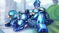 2girls armor big_breasts bionicle blue_body blue_skin blue_theme blush breasts epsi110 exposed_pussy female female/female female_only gali gali_(nuva) gali_nuva glowing glowing_eyes holding_hands lego mask multiple_girls nokama on_ground orange_eyes orgasm outdoors pussy pussy_juice robot robot_girl scissoring squirting tagme tribadism vagina yuri