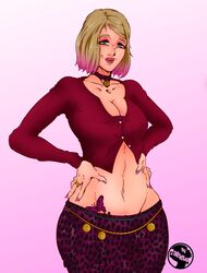 1girls bare_midriff belly_button blonde_hair clothed female female_focus female_only green_eyes hands_on_hips looking_at_viewer maria_(silent_hill) provocative ring sfw silent_hill silent_hill_2 smile smiling smiling_at_viewer succubus thick_body thigh_clothes zarietu