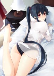 ass bed black_hair black_panties black_underwear blush chest_of_drawers curtains female female frilled_panties frilled_underwear frills hair_between_eyes ichinomiya_(blantte) indoors kantai_collection lamp leg_up light_rays long_hair long_sleeves looking_at_viewer looking_back lying on_bed on_stomach pantsu pillow ponytail purple_scrunchie red_eyes scrunchie see-through shirt simple_background solo tagme tied_hair underwear very_long_hair white_background white_shirt window wooden_floor yahagi_(kantai_collection)